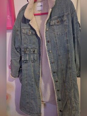 Fashion Nova Light Blue Denim Sherpa-Lined Long Jacket